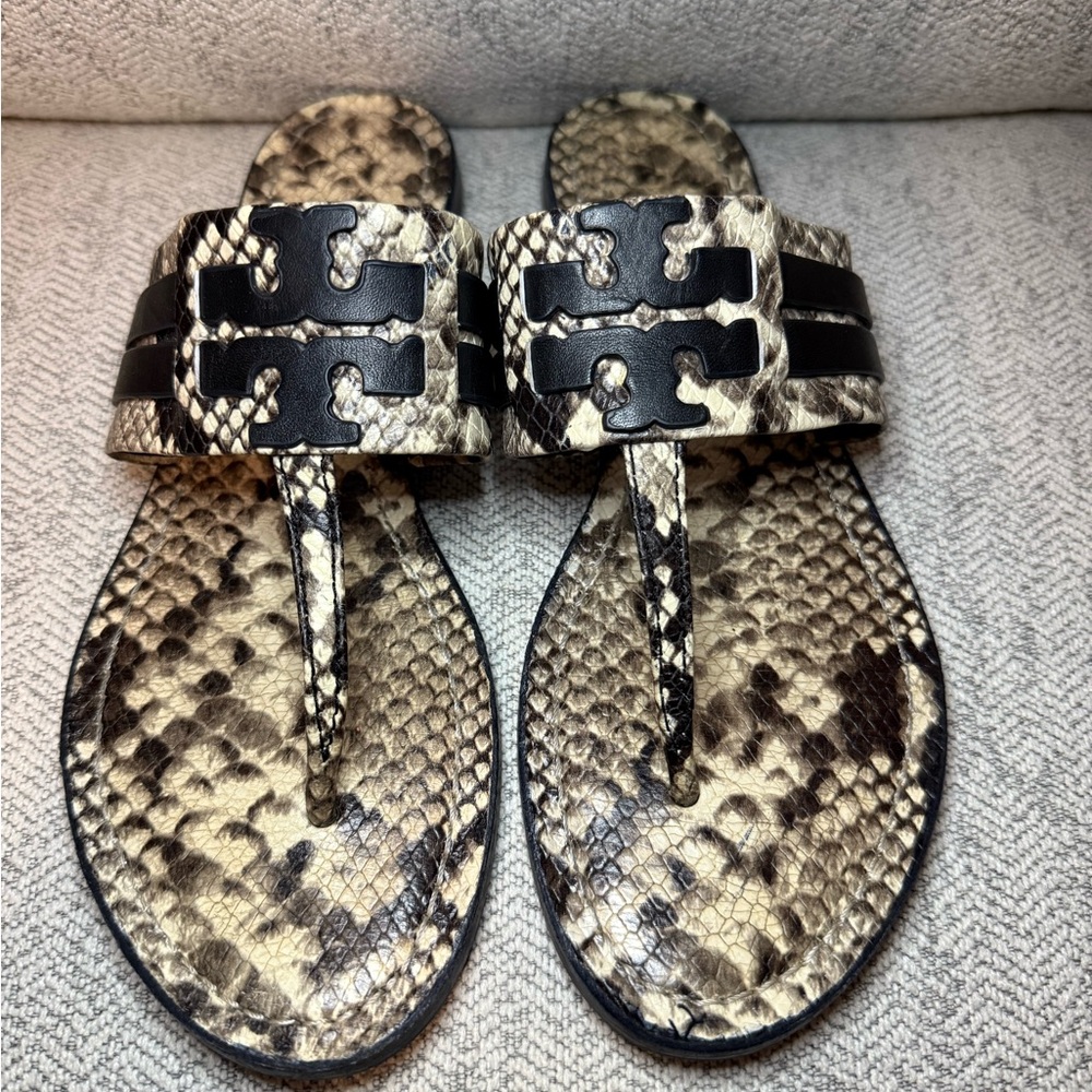 Tory Burch Black and Tan Snake Print Sandals